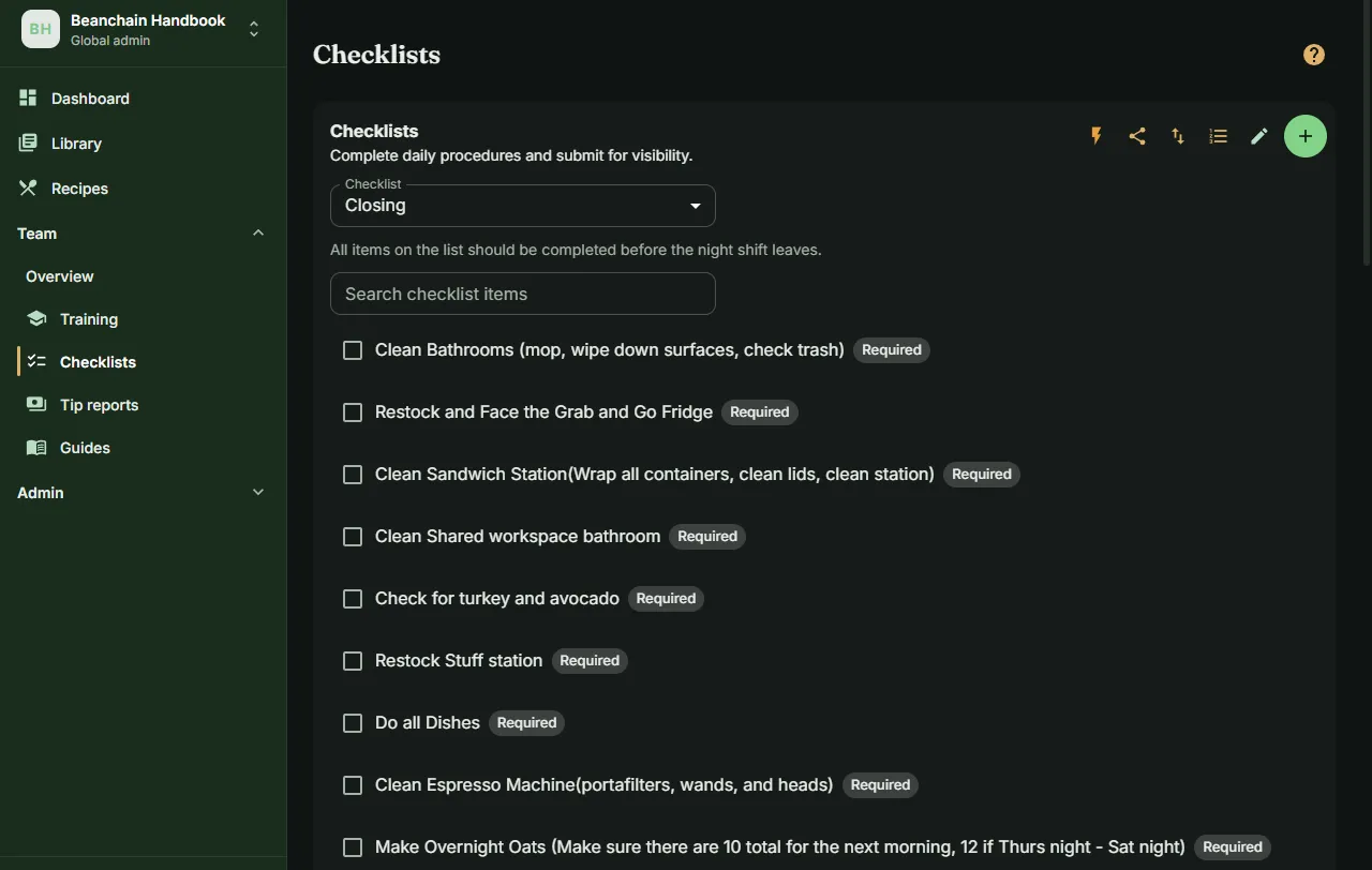The Checklists page in Handbook showing the shop's Closing list, with items including clean the espresso machine, restock and face the grab and go fridge, and make overnight oats.