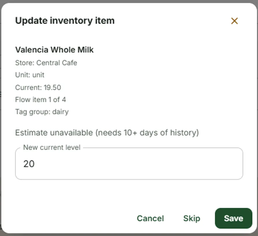The guided inventory count in Handbook: a dialog for Valencia Whole Milk showing store, unit, current level, "Flow item 1 of 4" and "Tag group: dairy", with cancel, skip and save.
