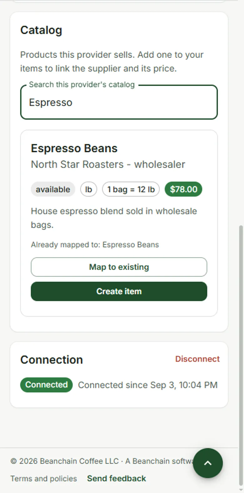 A supplier's page in Handbook on a phone, showing its catalogue with an espresso beans listing, its pack size and price, and buttons to map it to an existing item or create one.