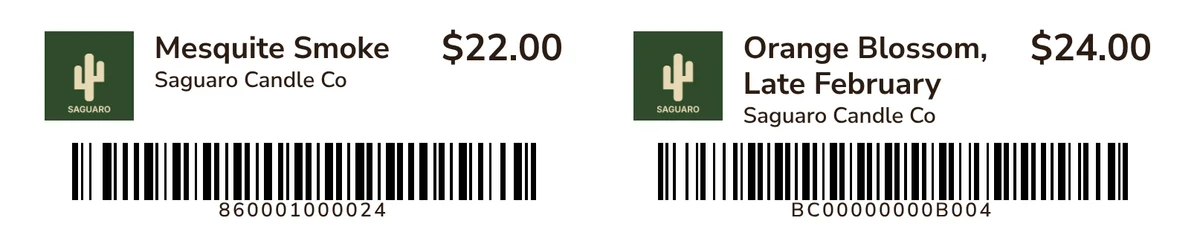 Two printed product labels from the marketplace. Each has a vendor's logo, the product's name, the vendor's name, the price and a barcode. The vendor and the products are made-up ones we test with.