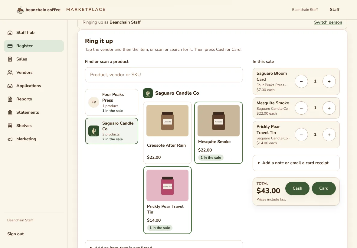 The marketplace's register on a tablet. On the left is a search box and a vendor's products as tiles; on the right is the sale, with each item, a total of $43.00, and buttons for Cash and Card. The vendors and products are made-up ones we test with.