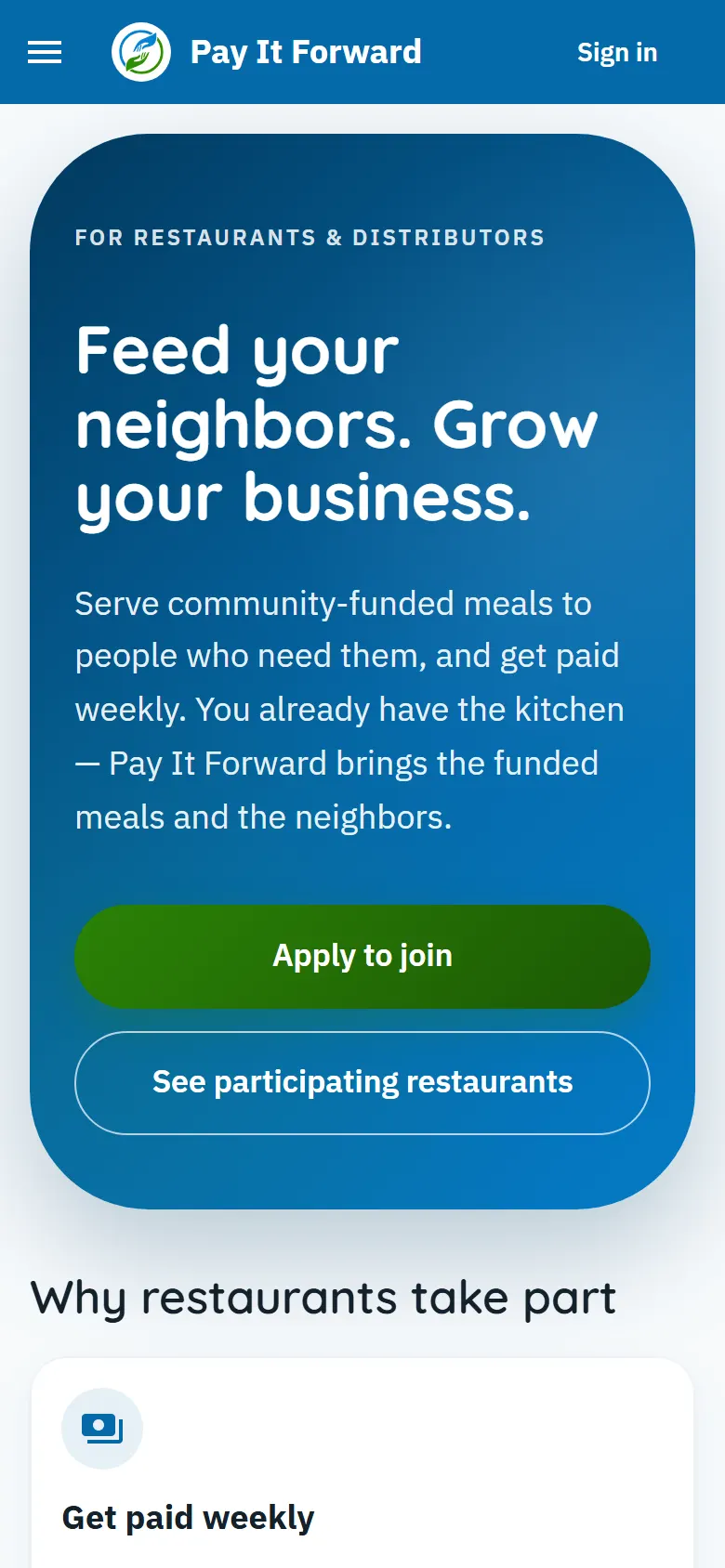 The Pay It Forward page for restaurants, offering weekly payment, with buttons to apply to join or see participating restaurants.