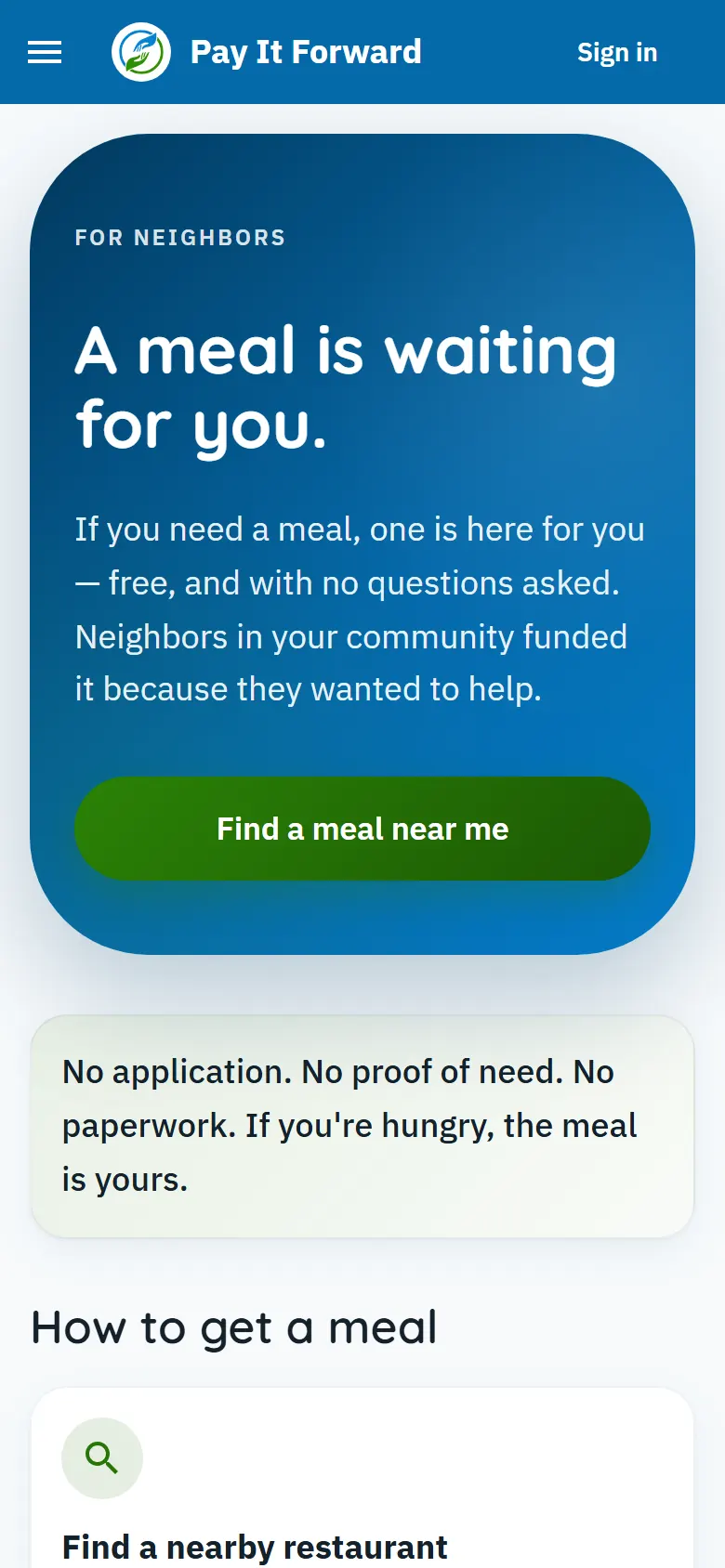 The Pay It Forward page for people who need a meal, reading "no application, no proof of need, no paperwork. If you're hungry, the meal is yours."