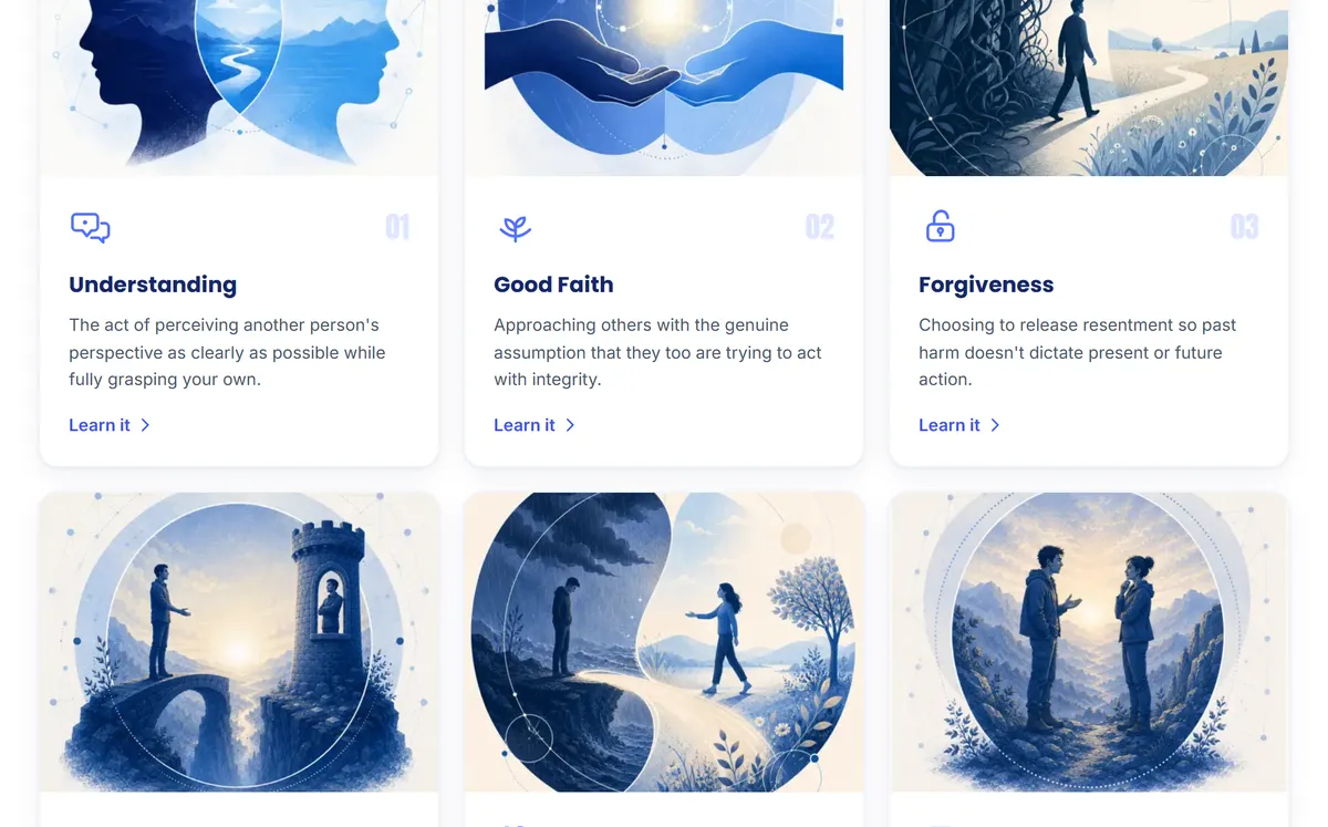 The Wisdom Principles on solutionseeking.com, shown as illustrated cards: Understanding, Good Faith and Forgiveness, each with a one-line definition.