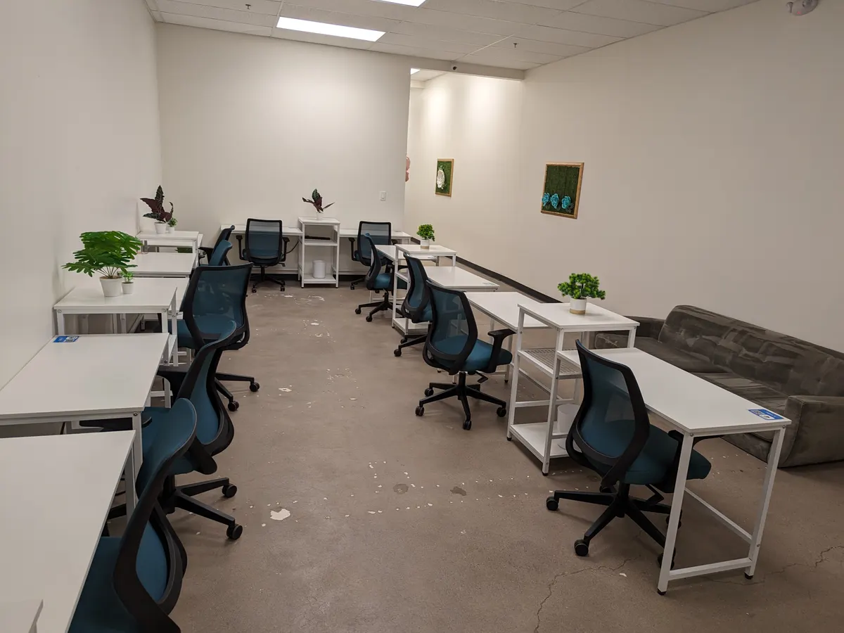 White desks with blue office chairs and small potted plants, in the first version of the workspace.