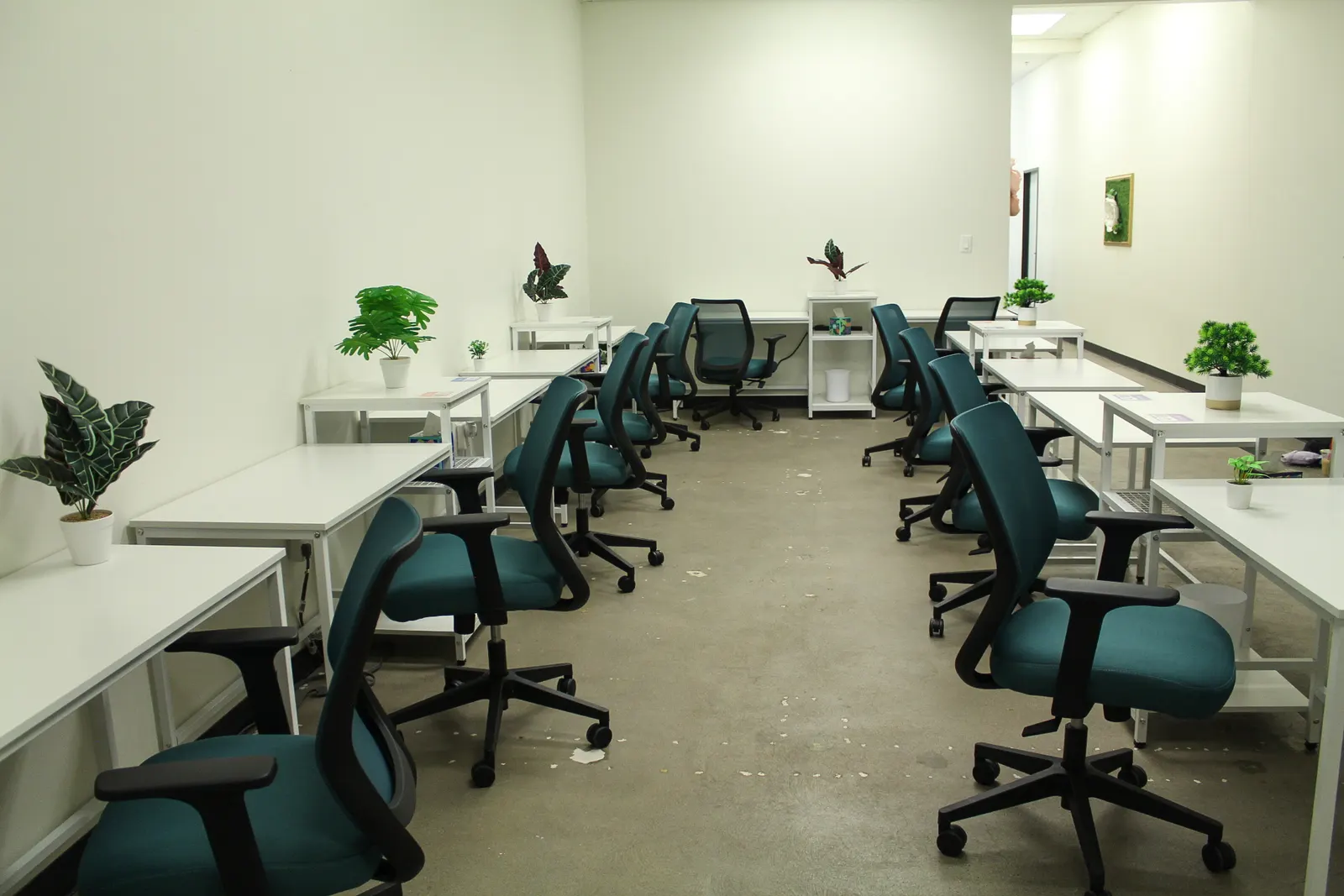 The Beanchain workspace: two long rows of desks with green office chairs, monitors and plants.