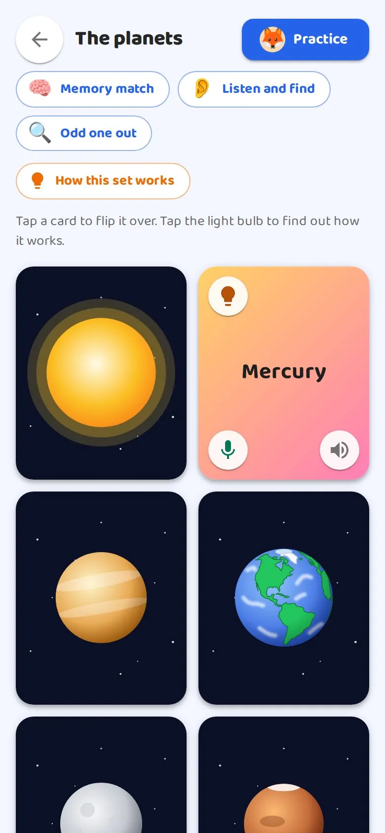 Kids Flashcards on a phone, open at its planets set: buttons for Memory match, Listen and find and Odd one out, then planet cards on a starry sky, one flipped over to the word Mercury with buttons to record a voice and play it.